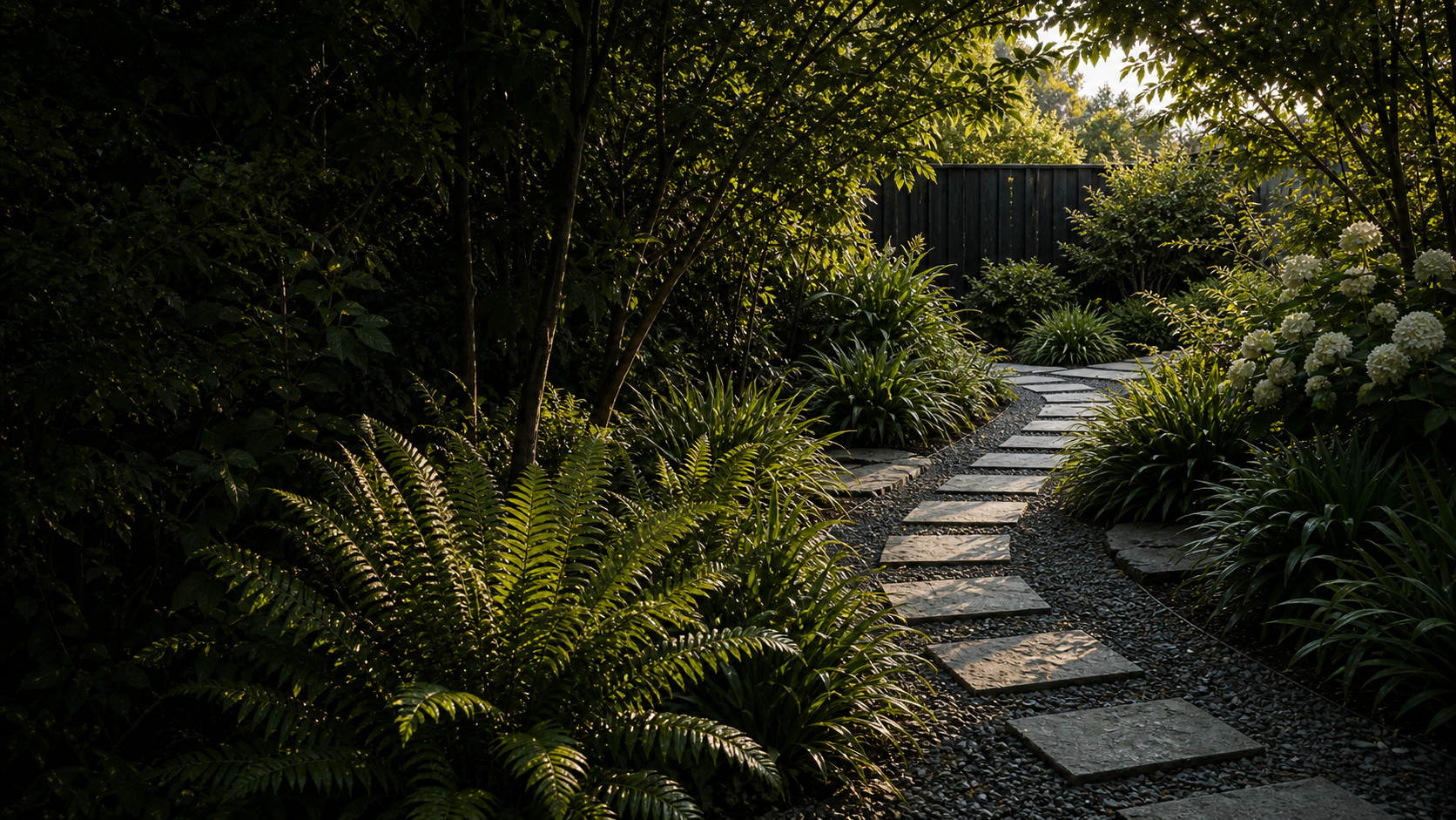 Stone stepping-stone path winding through lush ferns and native planting